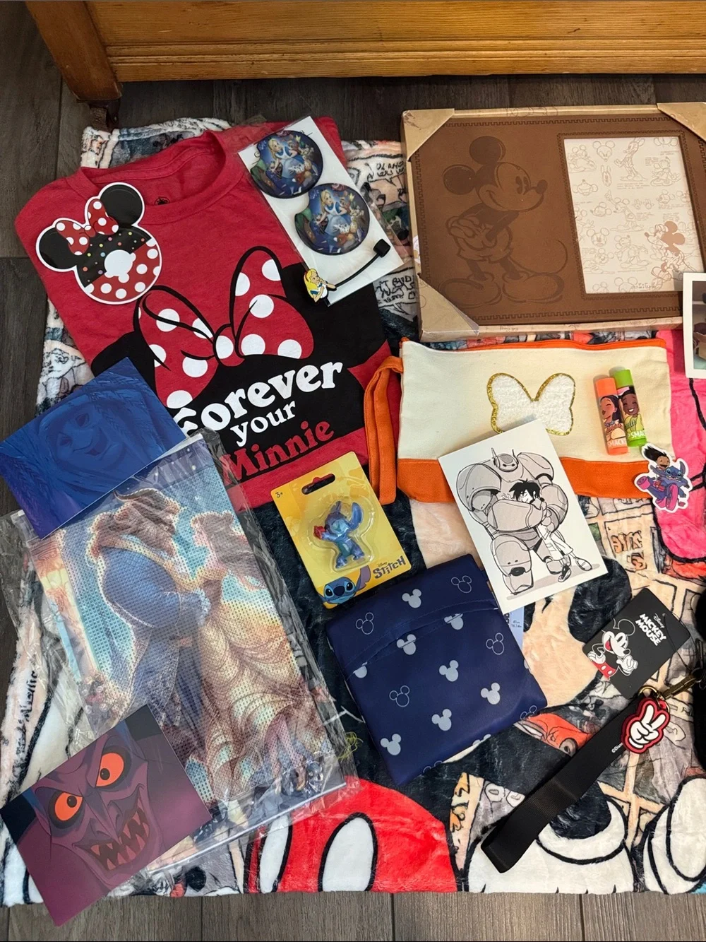 Disney mixed lot picture frame, blanket, shirt, diamond art, totes , passport +